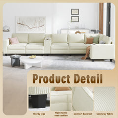 L-shaped 6-seater 133.4''*94.4'' corduroy sofa, large storage armrests with center console, USB charging, left and right seats can be switched, 3 packages of 130