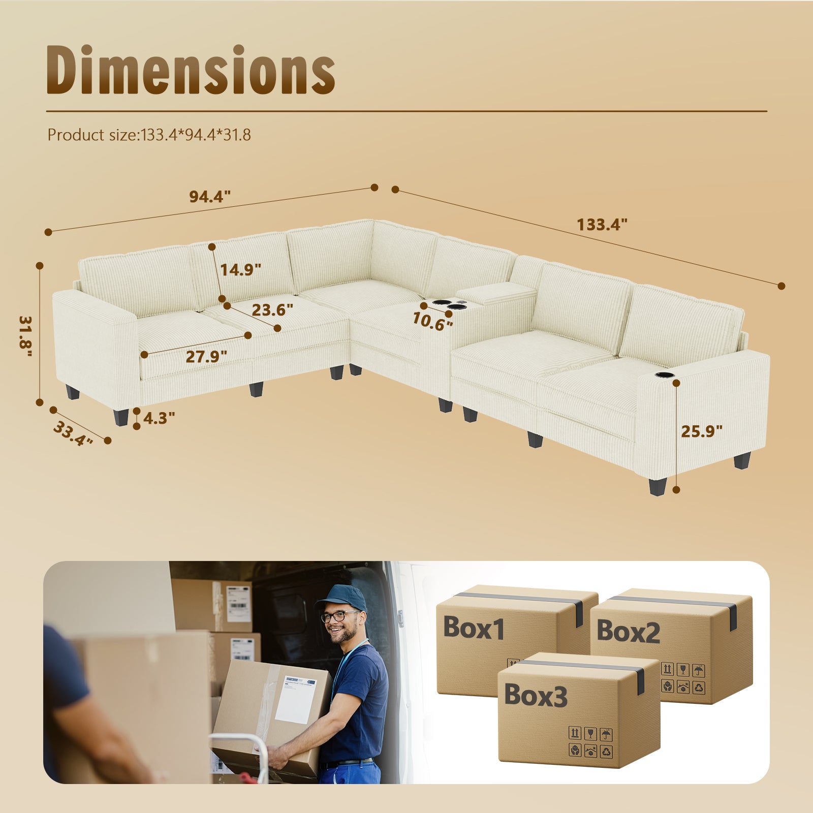 L-shaped 6-seater 133.4''*94.4'' corduroy sofa, large storage armrests with center console, USB charging, left and right seats can be switched, 3 packages of 130