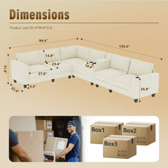 L-shaped 6-seater 133.4''*94.4'' corduroy sofa, large storage armrests with center console, USB charging, left and right seats can be switched, 3 packages of 130