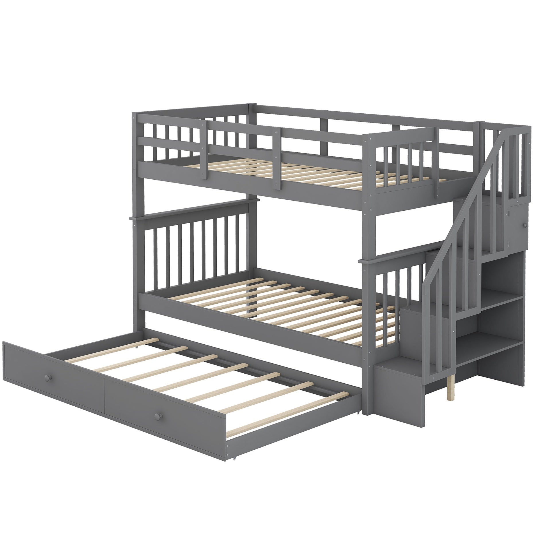 Stairway Twin-Over-Twin Bunk Bed with Twin size Trundle for Bedroom, Dorm, Adults, Gray( old sku: LP000209AAE )