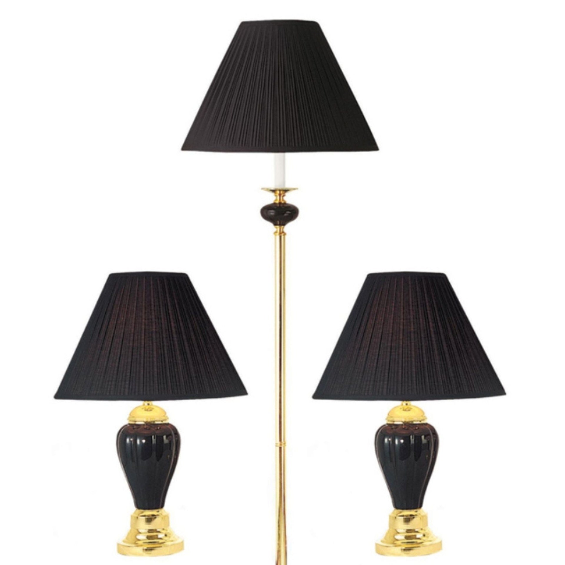 3-Piece Ceramic Lamp Set, Floor and Table Lamps, Black finish