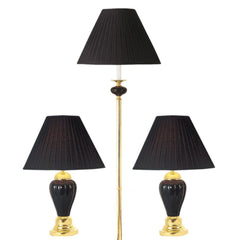3-Piece Ceramic Lamp Set, Floor and Table Lamps, Black finish