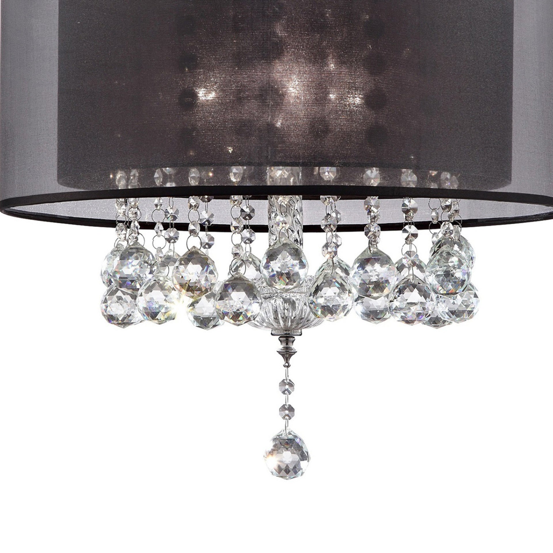 19" Tall Ceiling Lamp "Effleurer", Silver and Crystal Accents, Black Shade