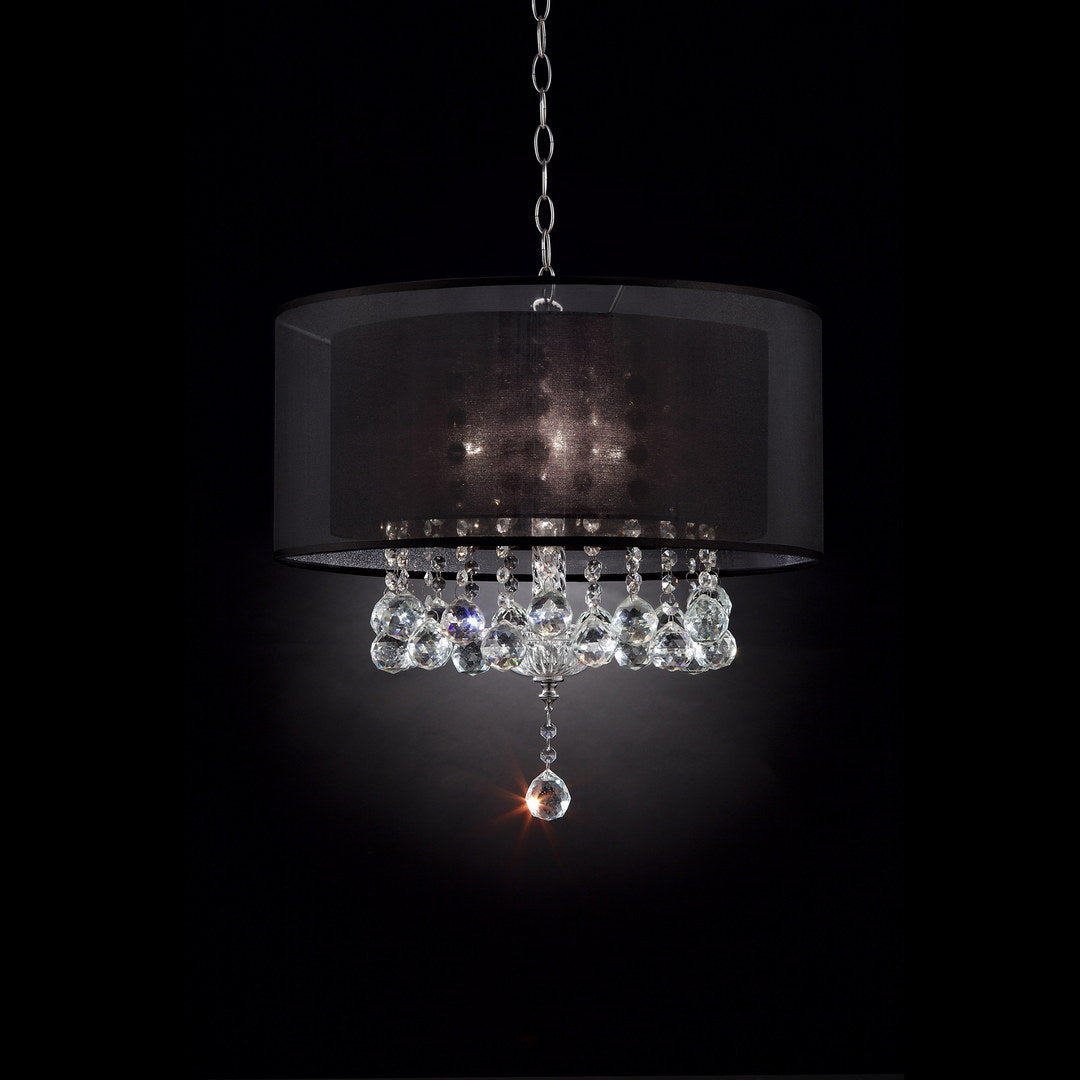19" Tall Ceiling Lamp "Effleurer", Silver and Crystal Accents, Black Shade