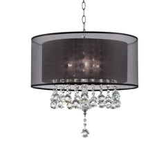 19" Tall Ceiling Lamp "Effleurer", Silver and Crystal Accents, Black Shade