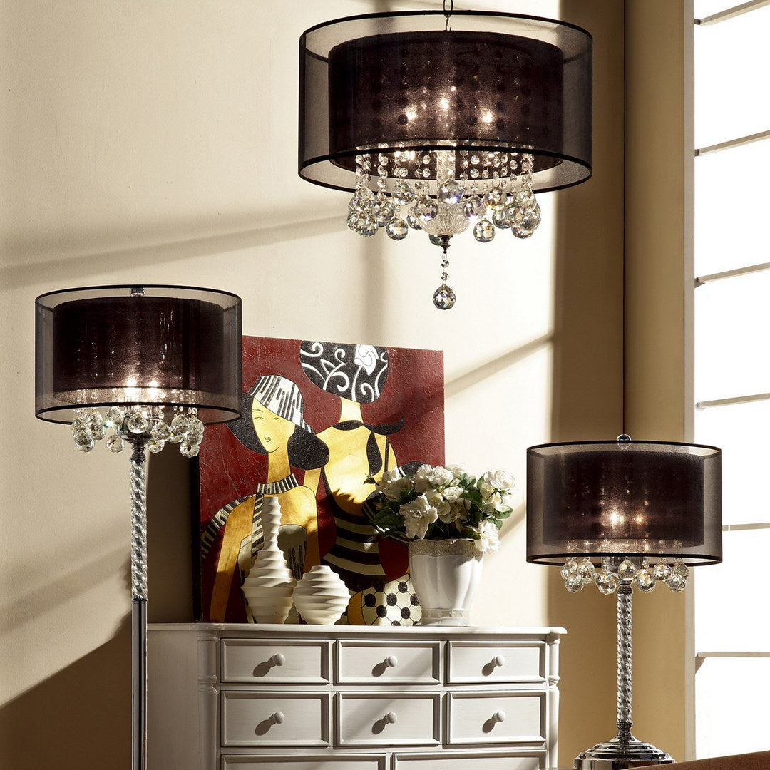 19" Tall Ceiling Lamp "Effleurer", Silver and Crystal Accents, Black Shade