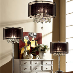 19" Tall Ceiling Lamp "Effleurer", Silver and Crystal Accents, Black Shade