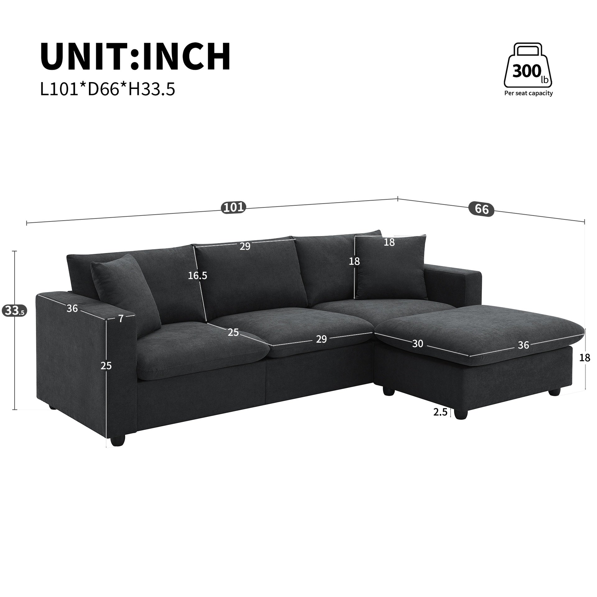 [VIDEO provided] [New] 100.4*64.6" Modern Sectional Sofa,L-shaped Couch Set with 2 Free pillows,4-seat Polyester Fabric Couch Set with Convertible Ottoman for Living Room, Apartment, Office,4 Colors