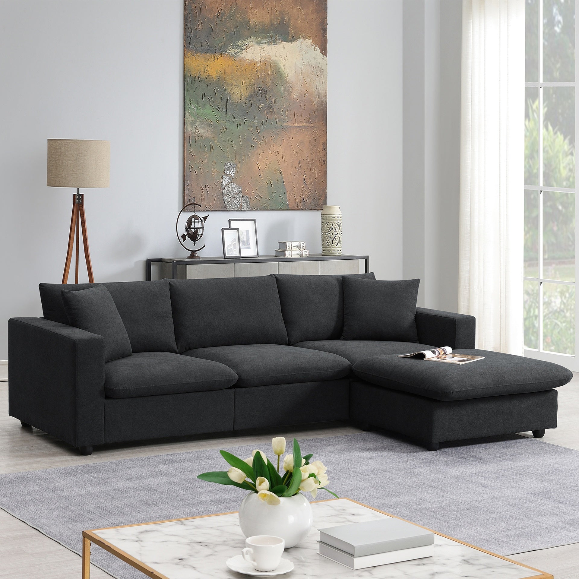 [VIDEO provided] [New] 100.4*64.6" Modern Sectional Sofa,L-shaped Couch Set with 2 Free pillows,4-seat Polyester Fabric Couch Set with Convertible Ottoman for Living Room, Apartment, Office,4 Colors