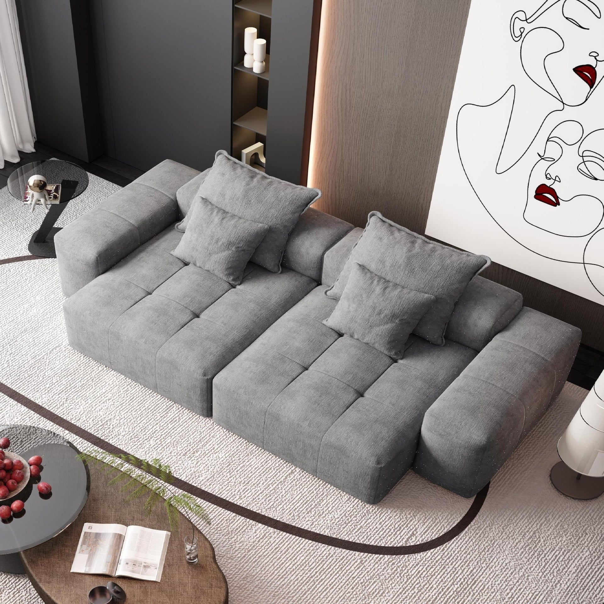 Modern Oversized Modular Sectional Sofa with 2 chaise lounge and 2 armrest,Sparkling Chenille Fabric Soft Cushion Sofa with 4 Pillows,4 PCS DIY Combination Tufted Sofa,No Assembly Required,GREY