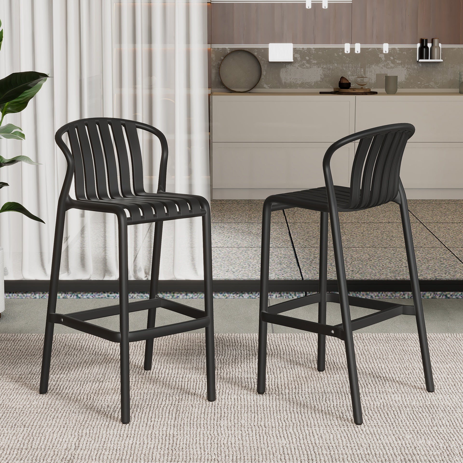 Outdoor Patio Bar Stools 29.5"H Set of 2, Perforated Slat Back Armless Barstools for Kitchen Pool Island, All-Weather Black Outside Bar Chair