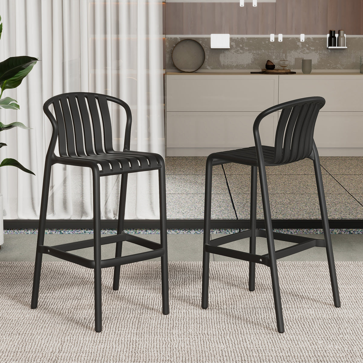 Outdoor Patio Bar Stools 29.5"H Set of 2, Perforated Slat Back Armless Barstools for Kitchen Pool Island, All-Weather Black Outside Bar Chair