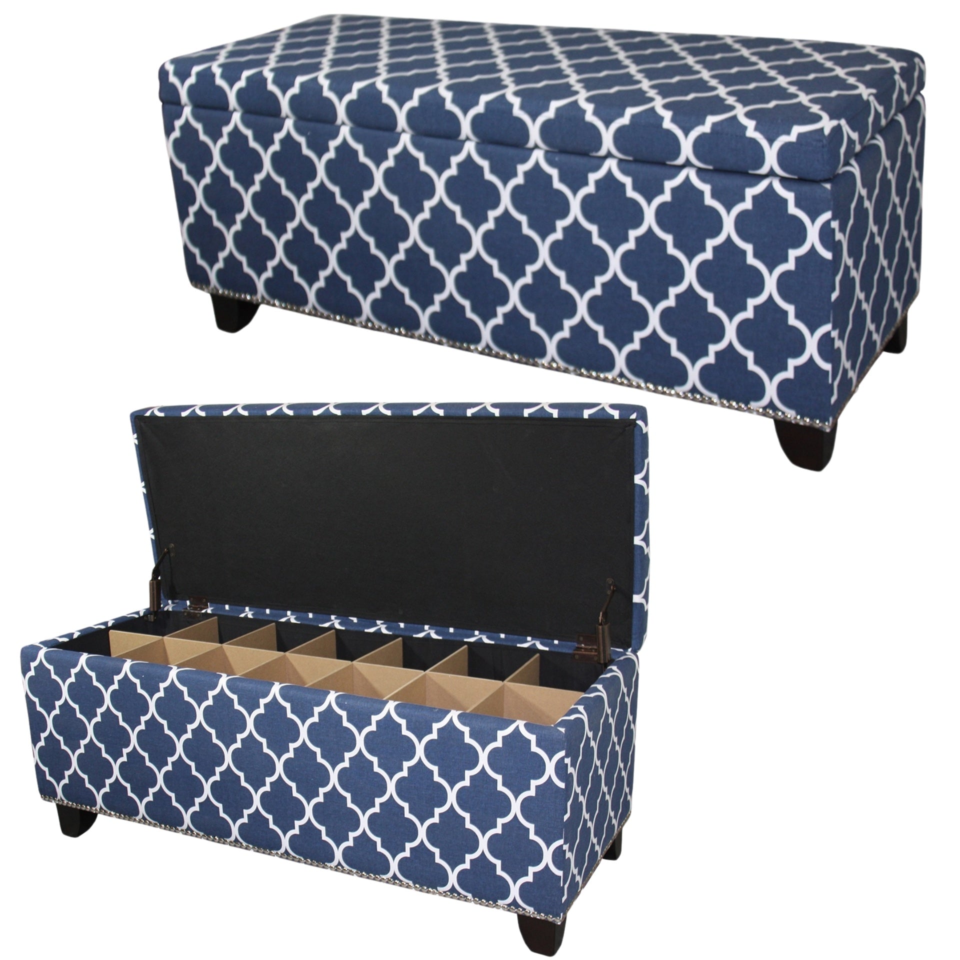 18" Tall Storage Bench with Blue Moroccan Stripes Decor
