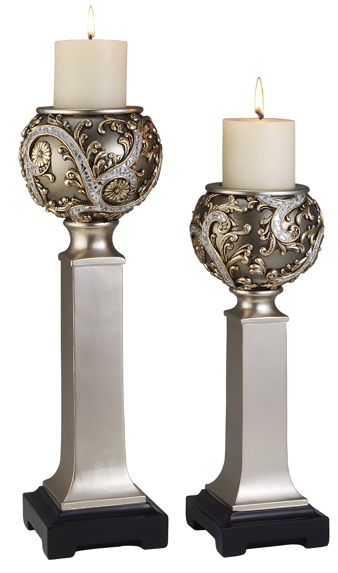 15" and 19" Polyresin "Vine" Candleholder, Silver finish (Set of 2)