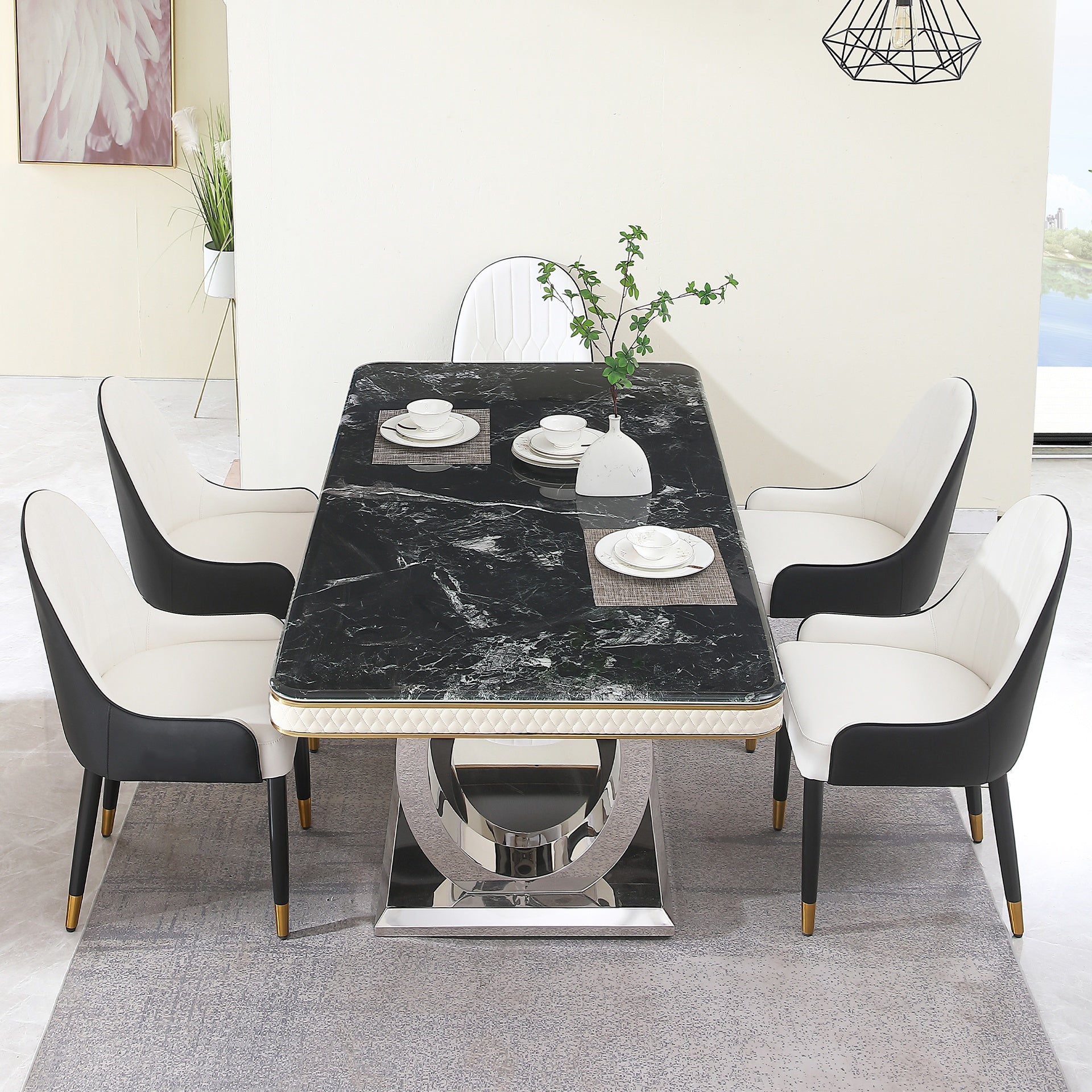 Luxury Modern Dining Table 78.7inch Black Dining Table  Faux Marble Dining Table Top with  Dual Circle Base (Dining Table Only)
