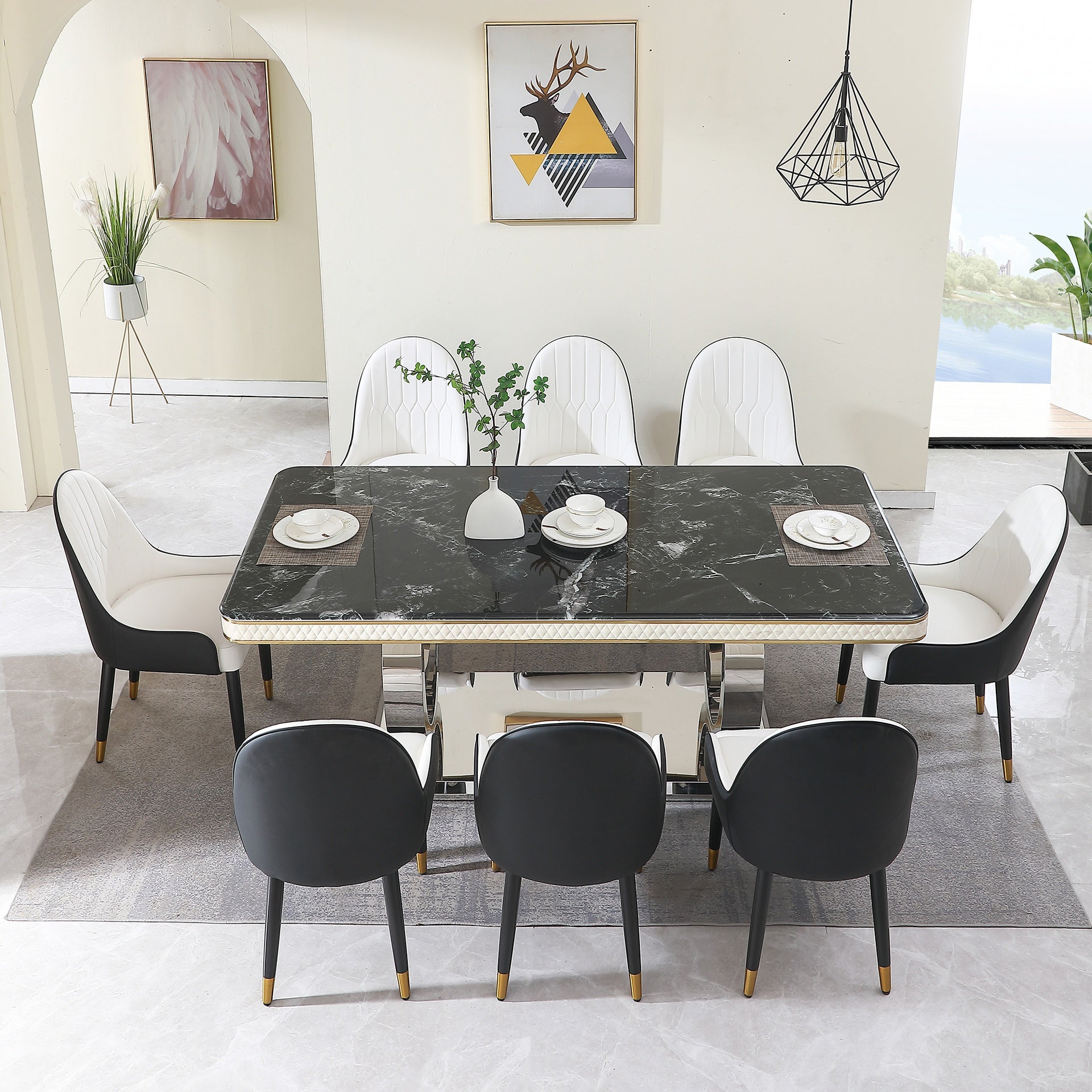 Luxury Modern Dining Table 78.7inch Black Dining Table  Faux Marble Dining Table Top with  Dual Circle Base (Dining Table Only)