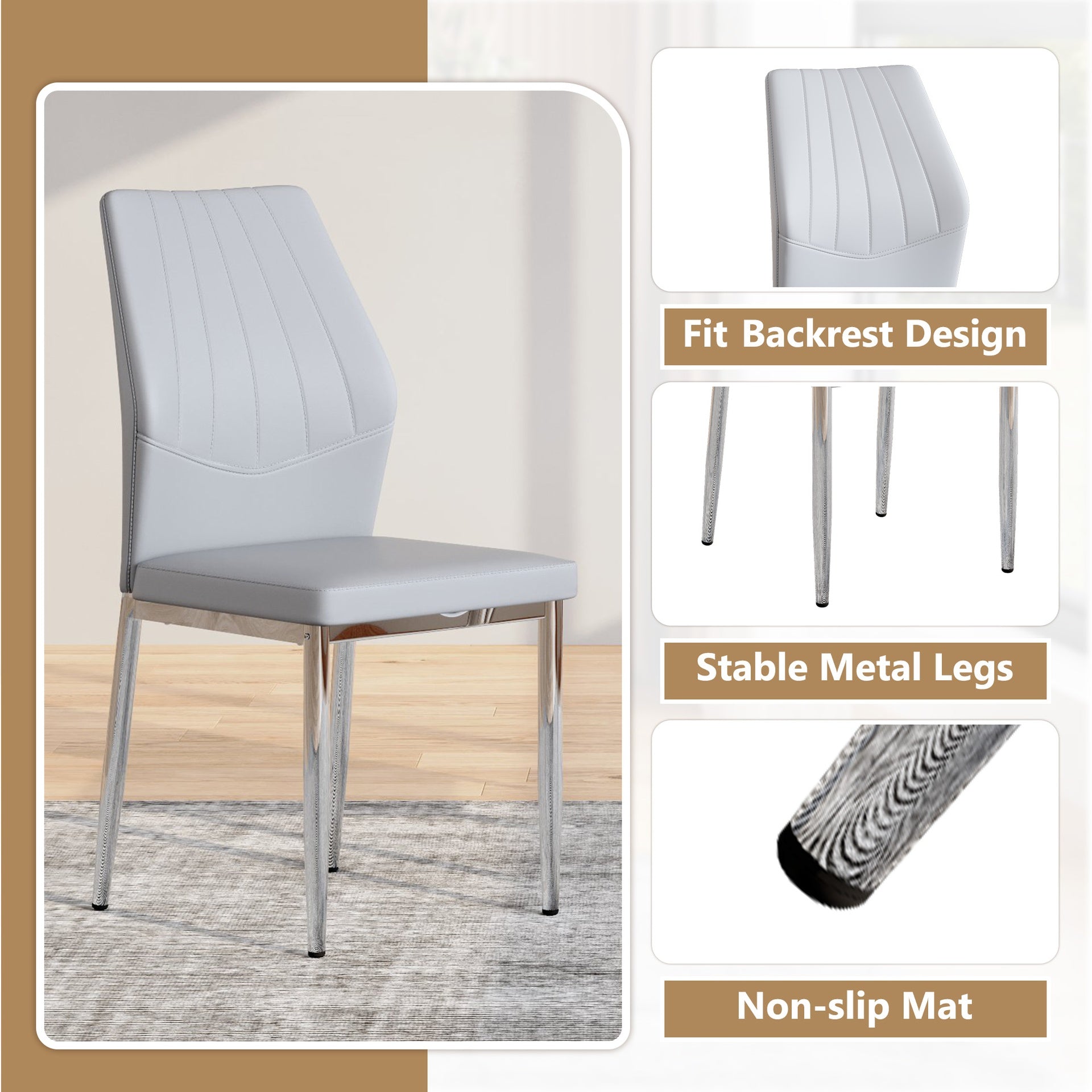 Set of 6 Light Gray -and -Silver Dining Chairs,37 inches High:Ergonomic PU Backrest,Combines Comfort and Style.Perfectly blends comfort and elegance,Injecting more comfort and style into dining time.