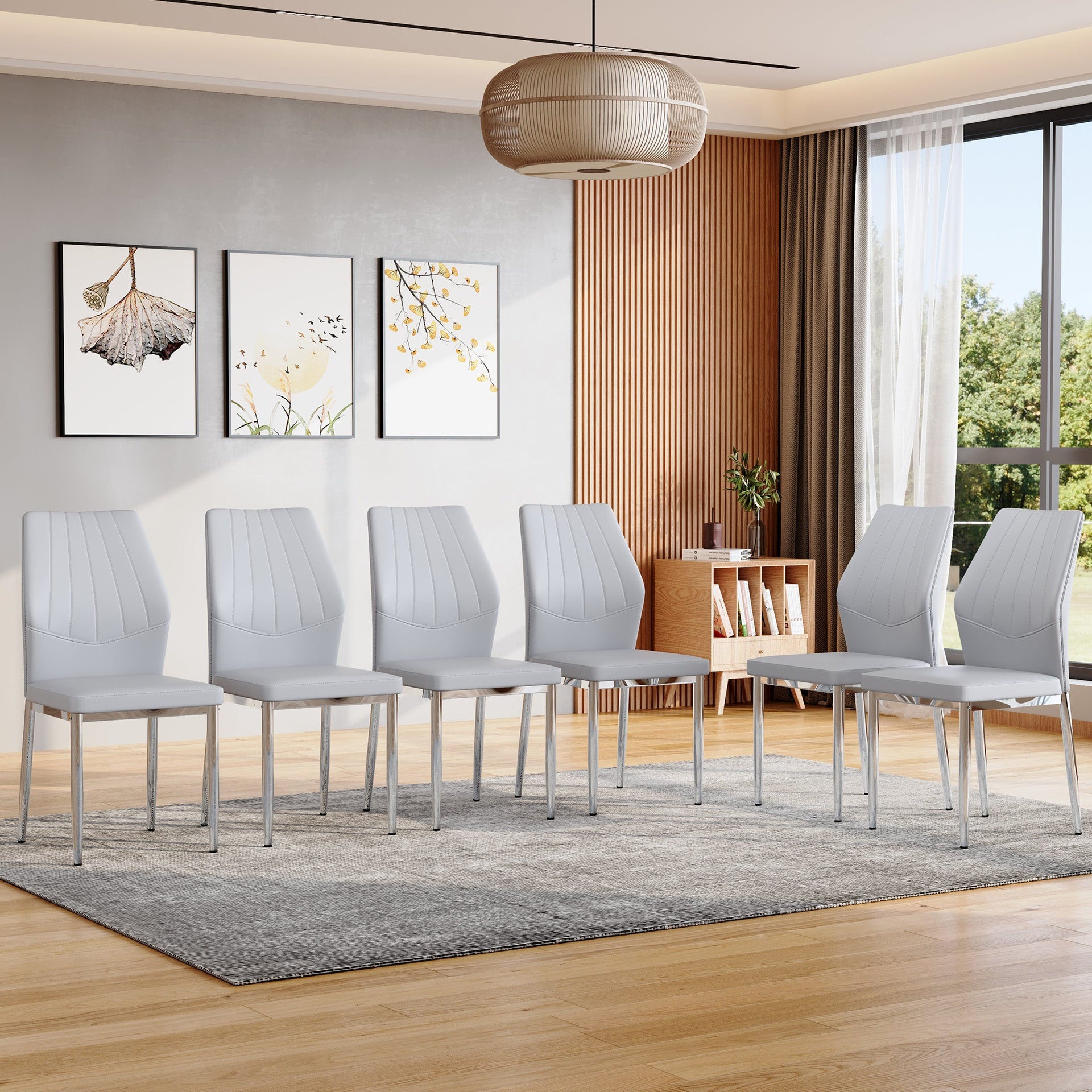 Set of 6 Light Gray -and -Silver Dining Chairs,37 inches High:Ergonomic PU Backrest,Combines Comfort and Style.Perfectly blends comfort and elegance,Injecting more comfort and style into dining time.
