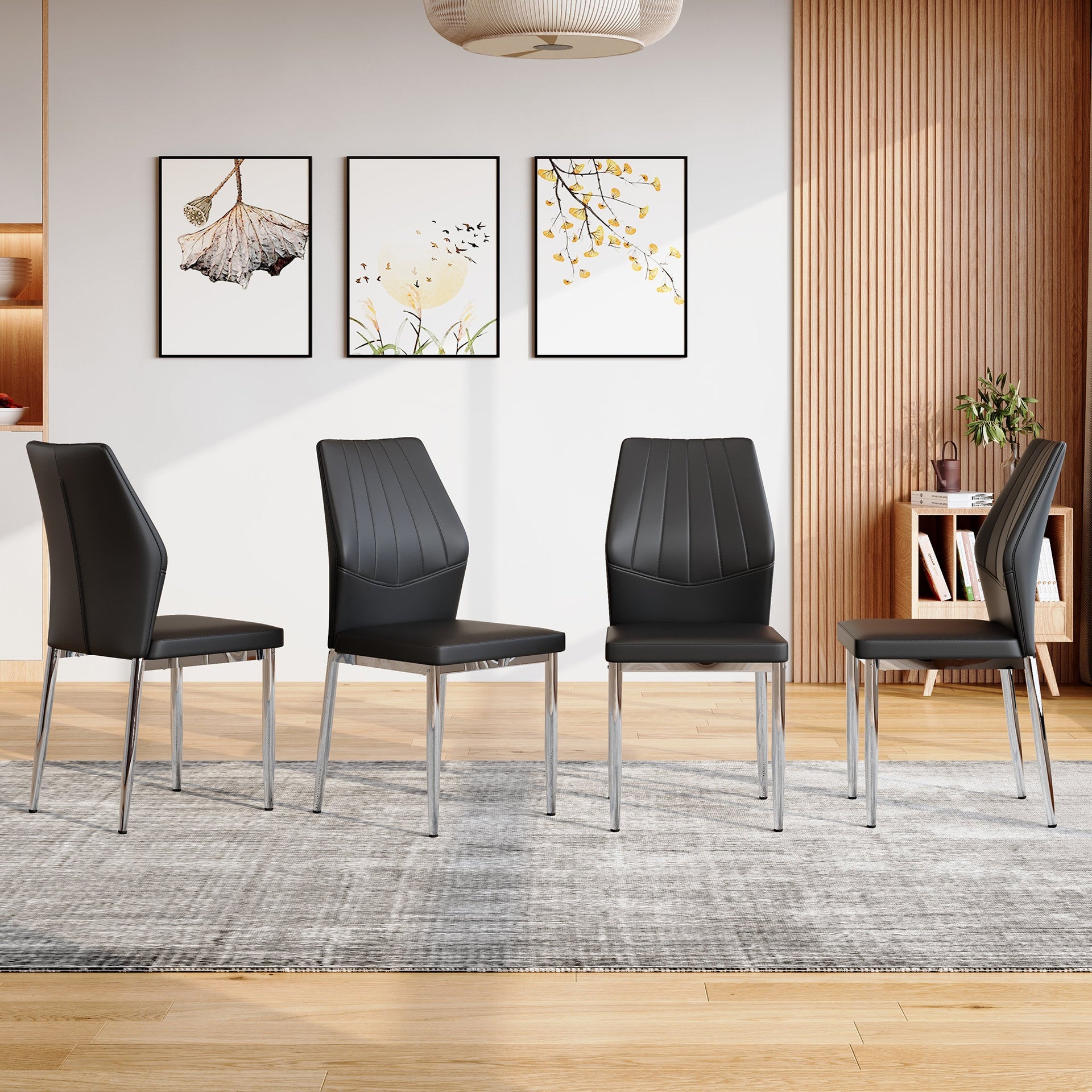 Set of 4 Black - and - Silver Dining Chairs,37 inches High: Ergonomic PU Backrest, Combines Comfort and Style.Perfectly blends comfort and elegance, Injecting more comfort and style into dining time.
