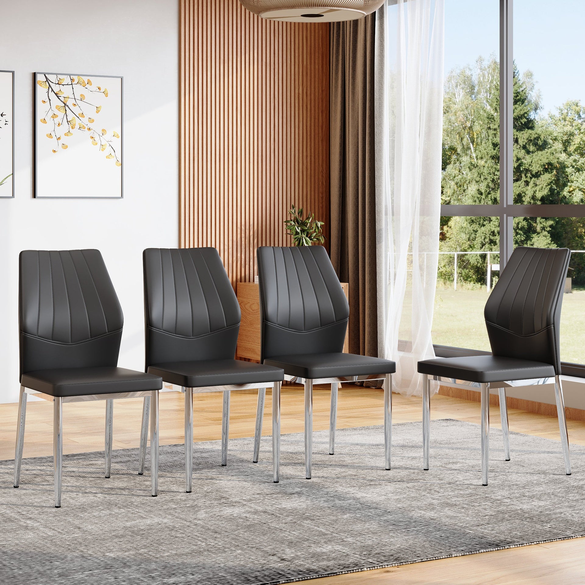 Set of 4 Black - and - Silver Dining Chairs,37 inches High: Ergonomic PU Backrest, Combines Comfort and Style.Perfectly blends comfort and elegance, Injecting more comfort and style into dining time.