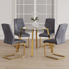 Table and chair set.A Modern Minimalist Style Round Clear Tempered Glass Table with Metal Legs.Paried with dark gray chairs with Modern PU Leather High Back Upholstered and C-Tube Golden Legs.