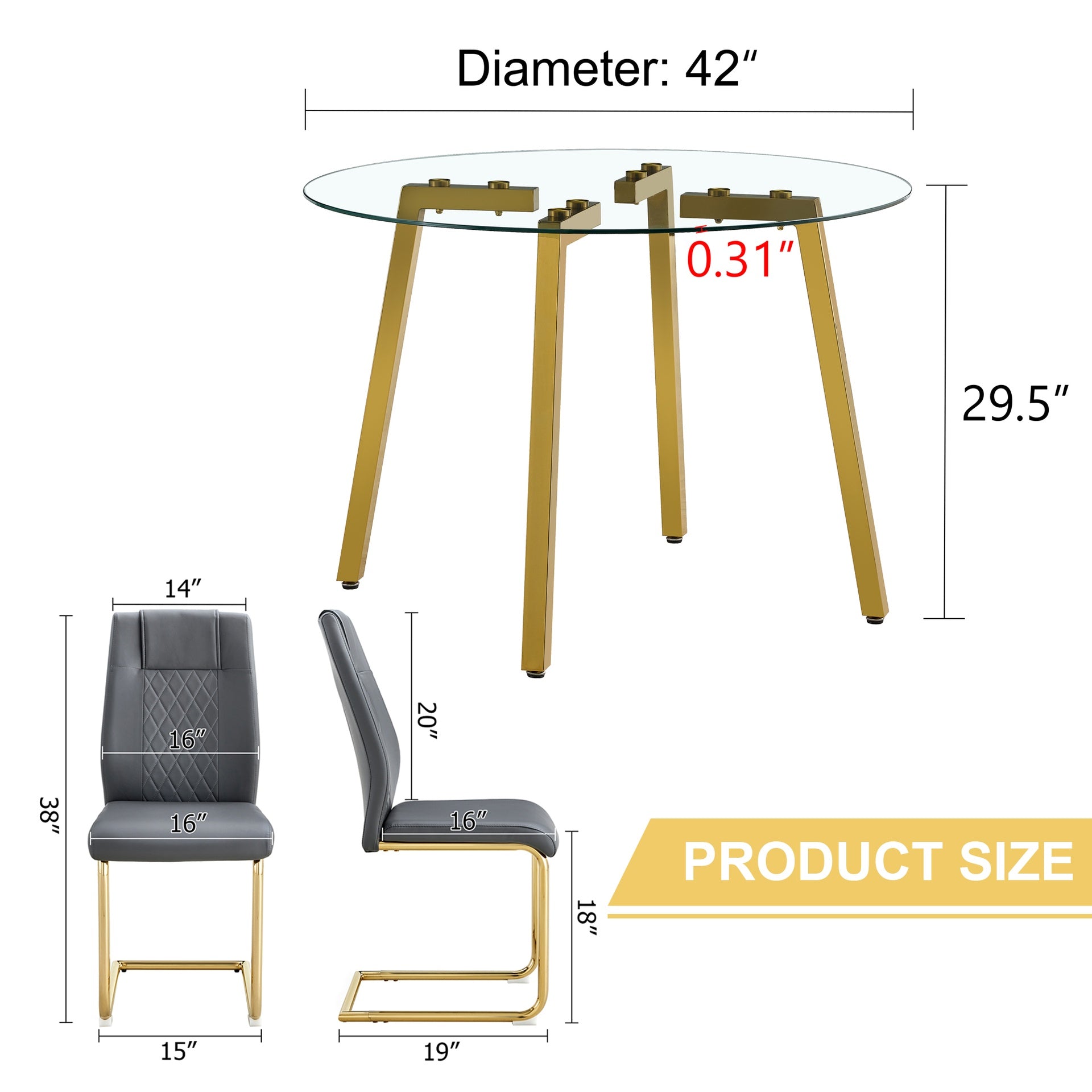 Table and chair set.A Modern Minimalist Style Round Clear Tempered Glass Table with Metal Legs.Paried with dark gray chairs with Modern PU Leather High Back Upholstered and C-Tube Golden Legs.