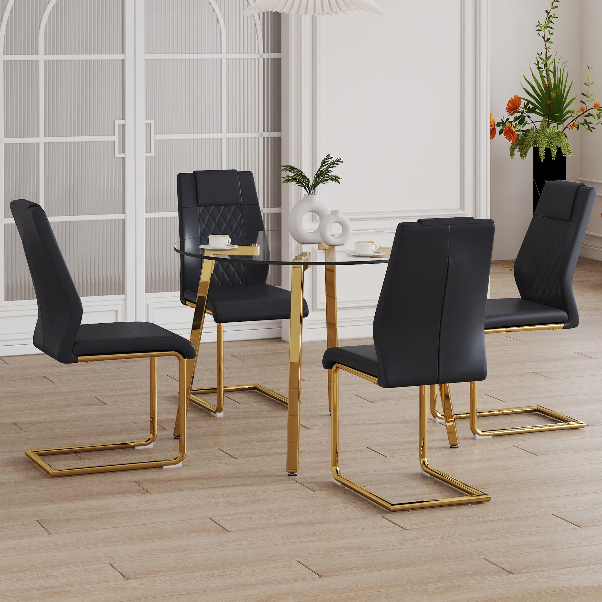 Table and chair set.A Modern Minimalist Style Round Clear Tempered Glass Table with Metal Legs.Paried with black chairs with Modern PU Leather High Back Upholstered and C-Tube Golden Legs.