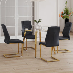 Table and chair set.A Modern Minimalist Style Round Clear Tempered Glass Table with Metal Legs.Paried with black chairs with Modern PU Leather High Back Upholstered and C-Tube Golden Legs.