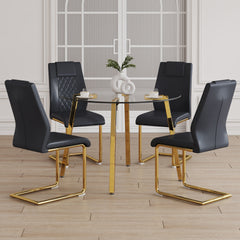 Table and chair set.A Modern Minimalist Style Round Clear Tempered Glass Table with Metal Legs.Paried with black chairs with Modern PU Leather High Back Upholstered and C-Tube Golden Legs.