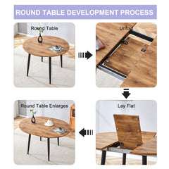 Table and chair set.Modern Extendable Wood MDF Dining Table.The table has a telescopic design, suitable for gatherings of different size.Paired with 4 chairs with PU cushions and black metal legs.