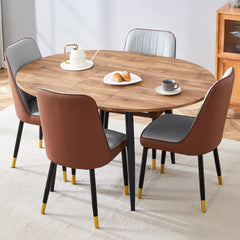 Table and chair set.Modern Extendable Wood MDF Dining Table.The table has a telescopic design, suitable for gatherings of different size.Paired with 4 chairs with PU cushions and black metal legs.
