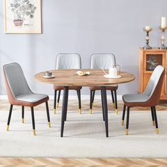 Table and chair set.Modern Extendable Wood MDF Dining Table.The table has a telescopic design, suitable for gatherings of different size.Paired with 4 chairs with PU cushions and black metal legs.