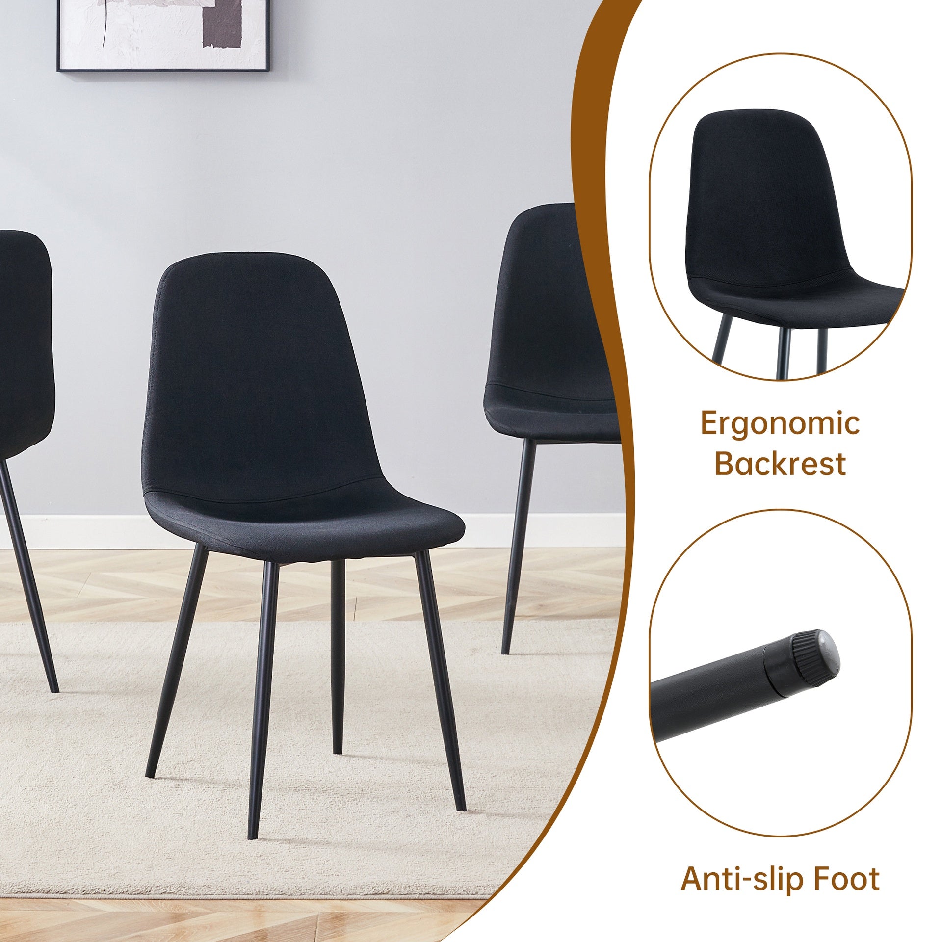 Table and chair set.Modern Extendable MDF Dining Table.Suitable for gatherings of different size.Paired with 4 Black Linen-Cotton Material High Resilience Dining Chair with Metal Black Leg.