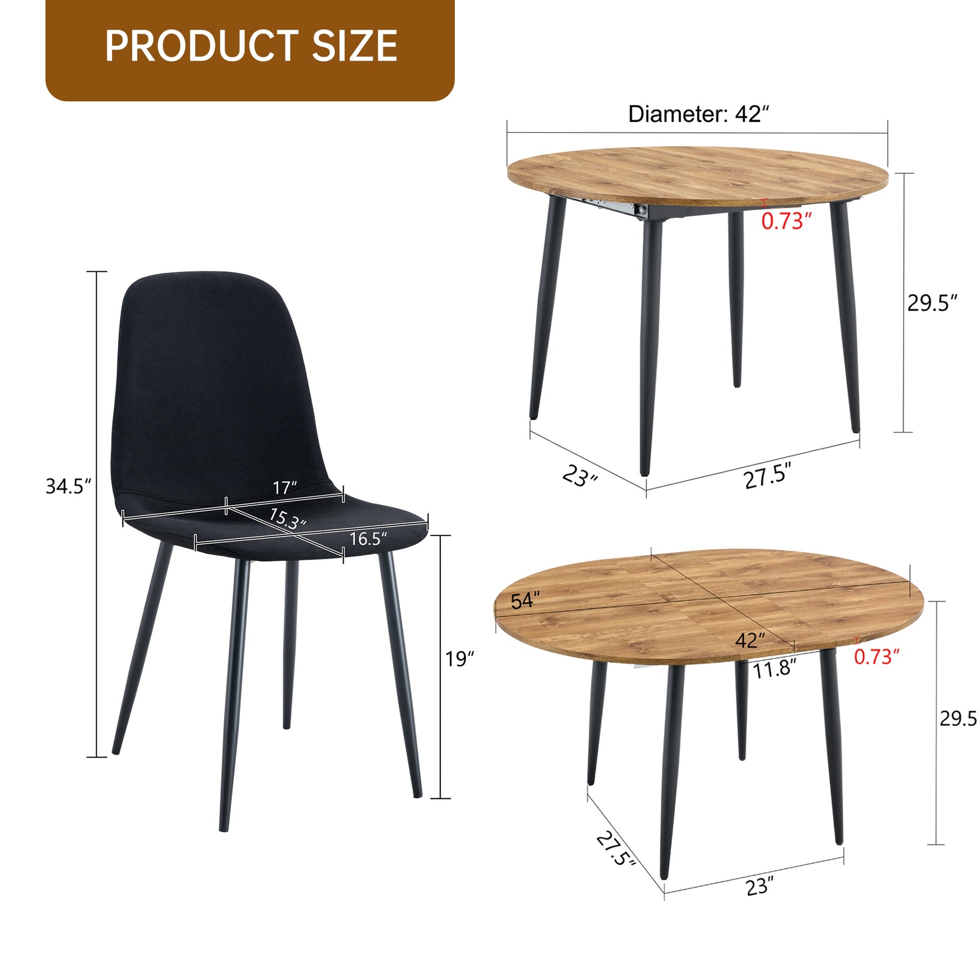 Table and chair set.Modern Extendable MDF Dining Table.Suitable for gatherings of different size.Paired with 4 Black Linen-Cotton Material High Resilience Dining Chair with Metal Black Leg.