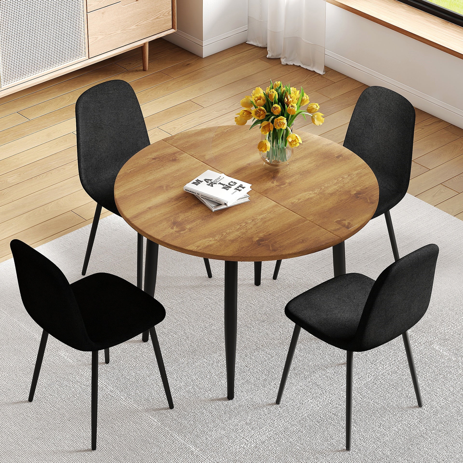 Table and chair set.Modern Extendable MDF Dining Table.Suitable for gatherings of different size.Paired with 4 Black Linen-Cotton Material High Resilience Dining Chair with Metal Black Leg.