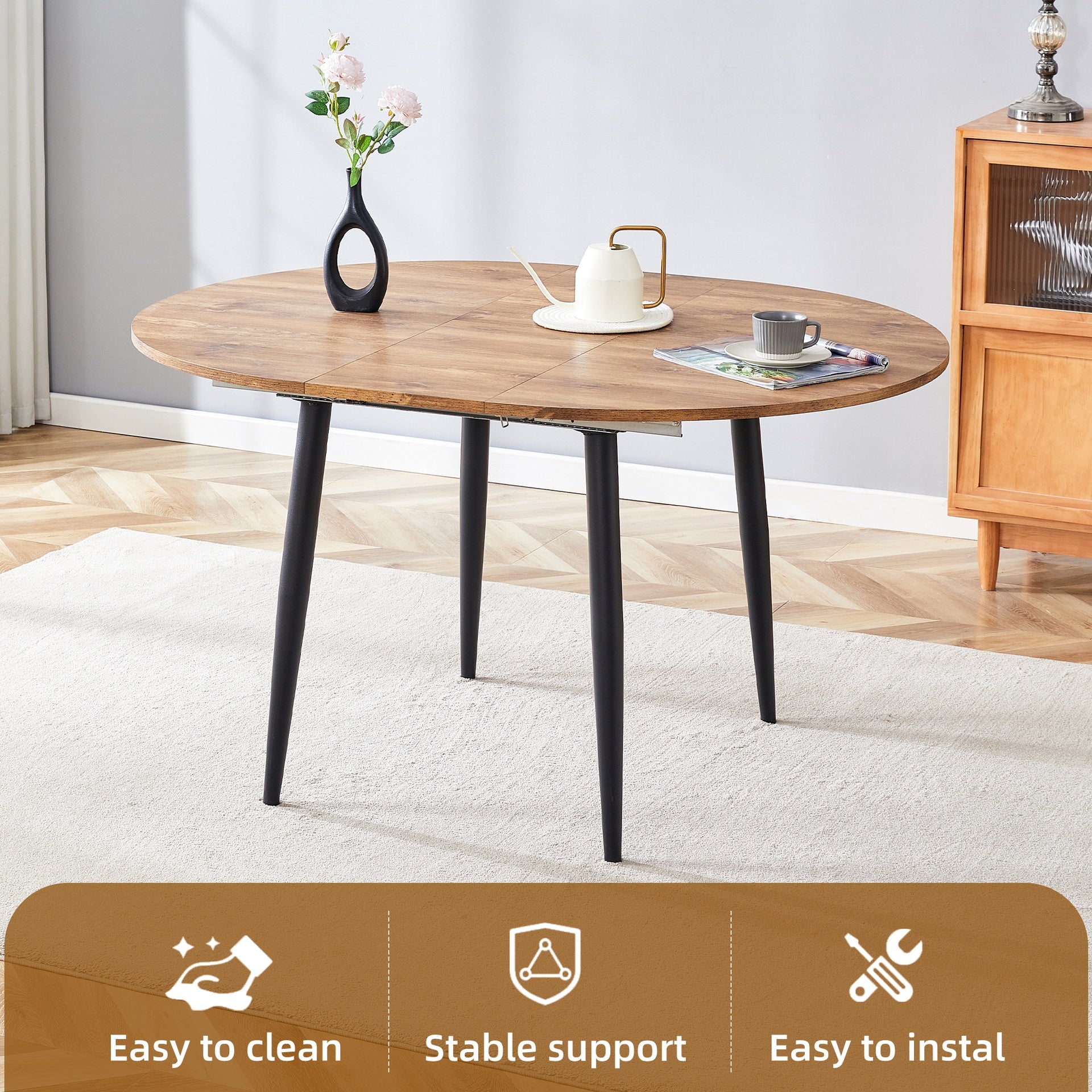 Table and chair set.Modern Extendable MDF Dining Table.Suitable for gatherings of different size.Paired with 4 Black Linen-Cotton Material High Resilience Dining Chair with Metal Black Leg.