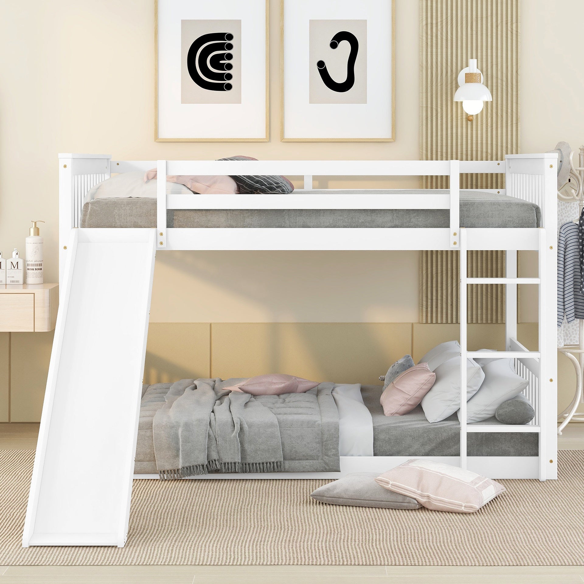 Full over Full Bunk Bed with Slide and Ladder in White Color