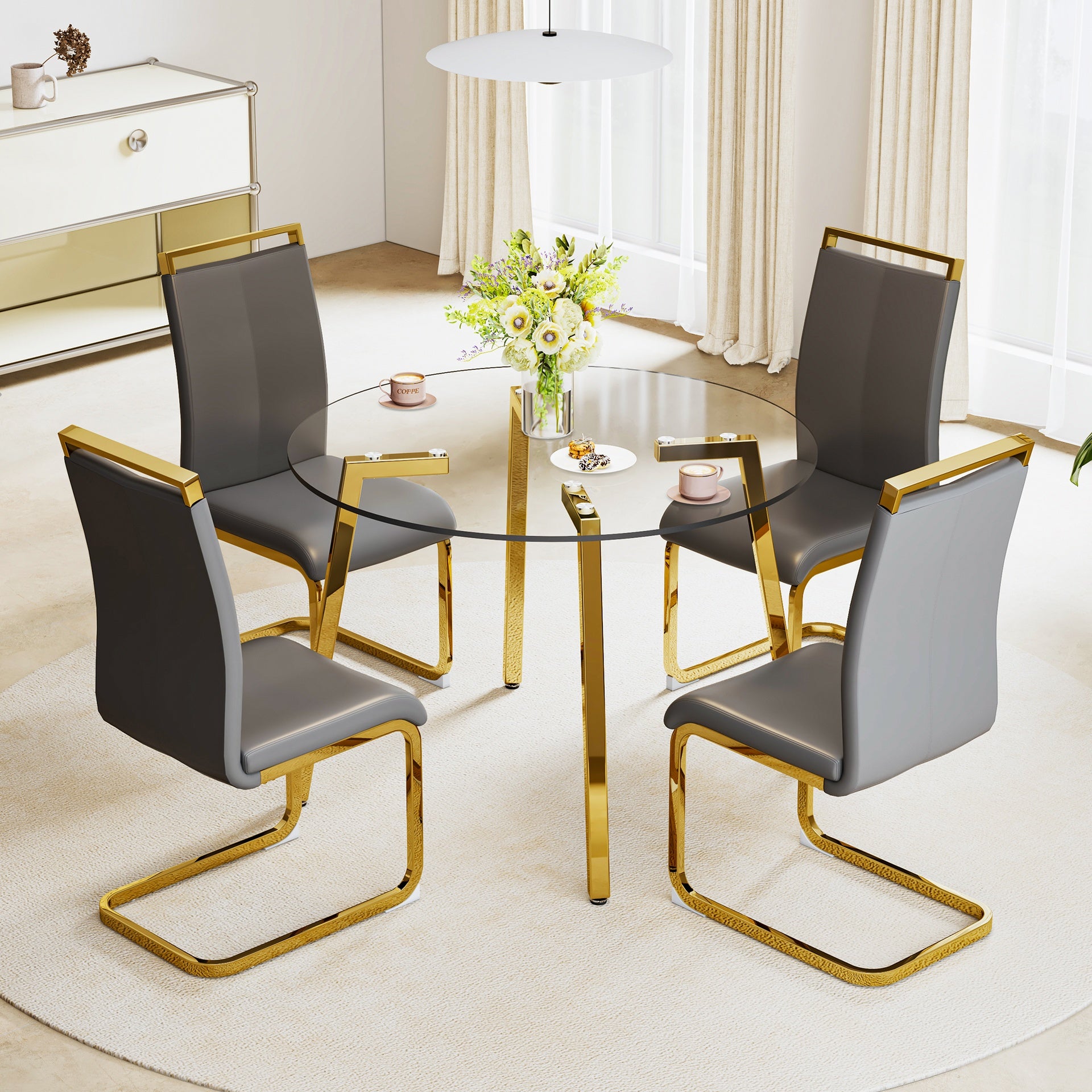 Modern minimalist style circular transparent tempered glass table, tempered glass tabletop, golden metal legs, suitable for kitchen, dining room, and living room, 42 "* 42" * 29.5 "1123r