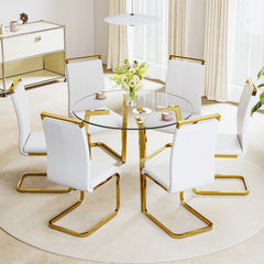 Modern minimalist style circular transparent tempered glass table, tempered glass tabletop, golden metal legs, suitable for kitchen, dining room, and living room, 42 "* 42" * 29.5 "1123r
