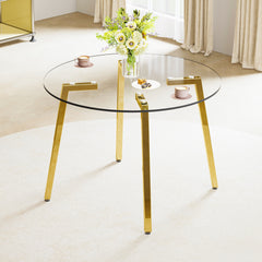 Modern minimalist style circular transparent tempered glass table, tempered glass tabletop, golden metal legs, suitable for kitchen, dining room, and living room, 42 "* 42" * 29.5 "1123r
