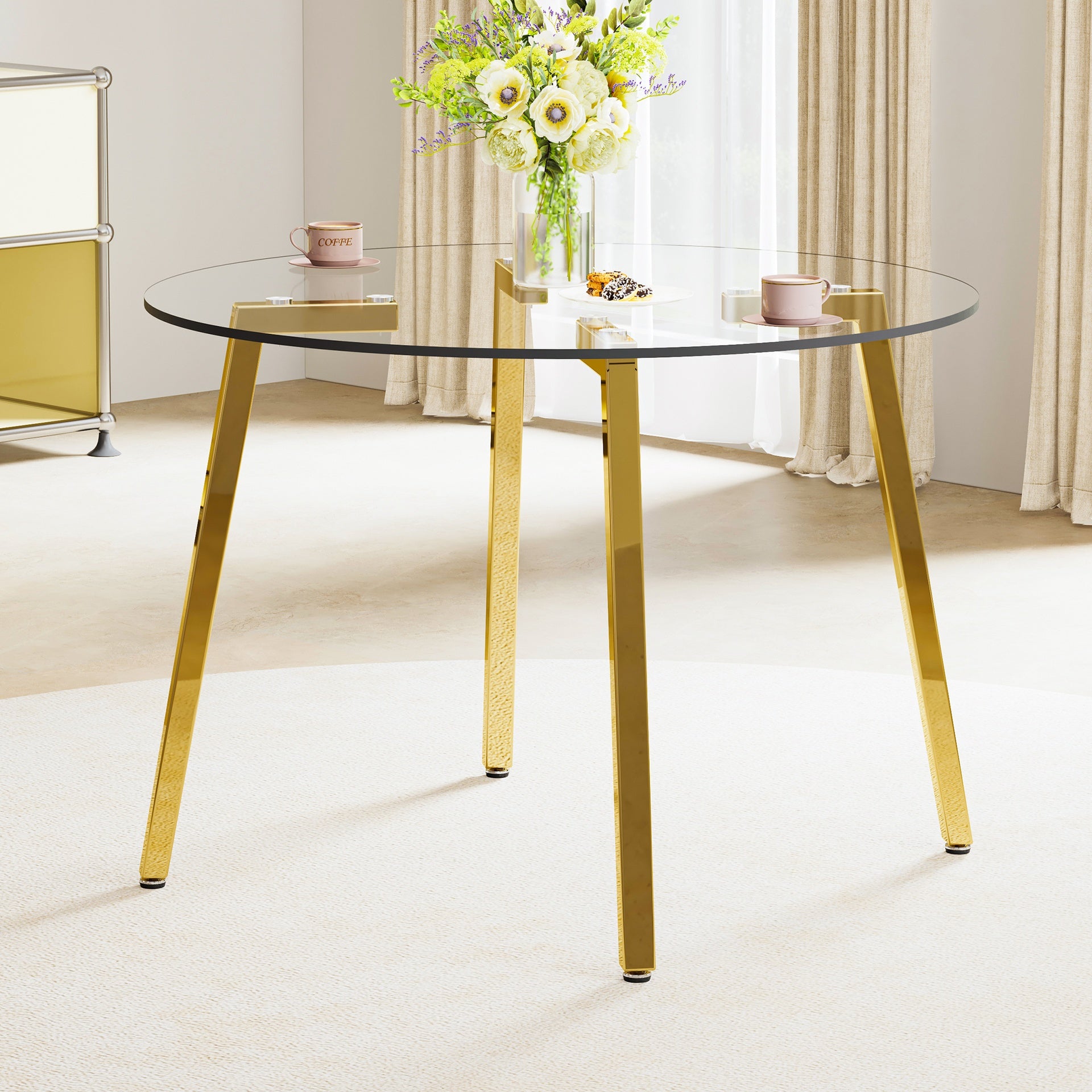 Modern minimalist style circular transparent tempered glass table, tempered glass tabletop, golden metal legs, suitable for kitchen, dining room, and living room, 42 "* 42" * 29.5 "1123r