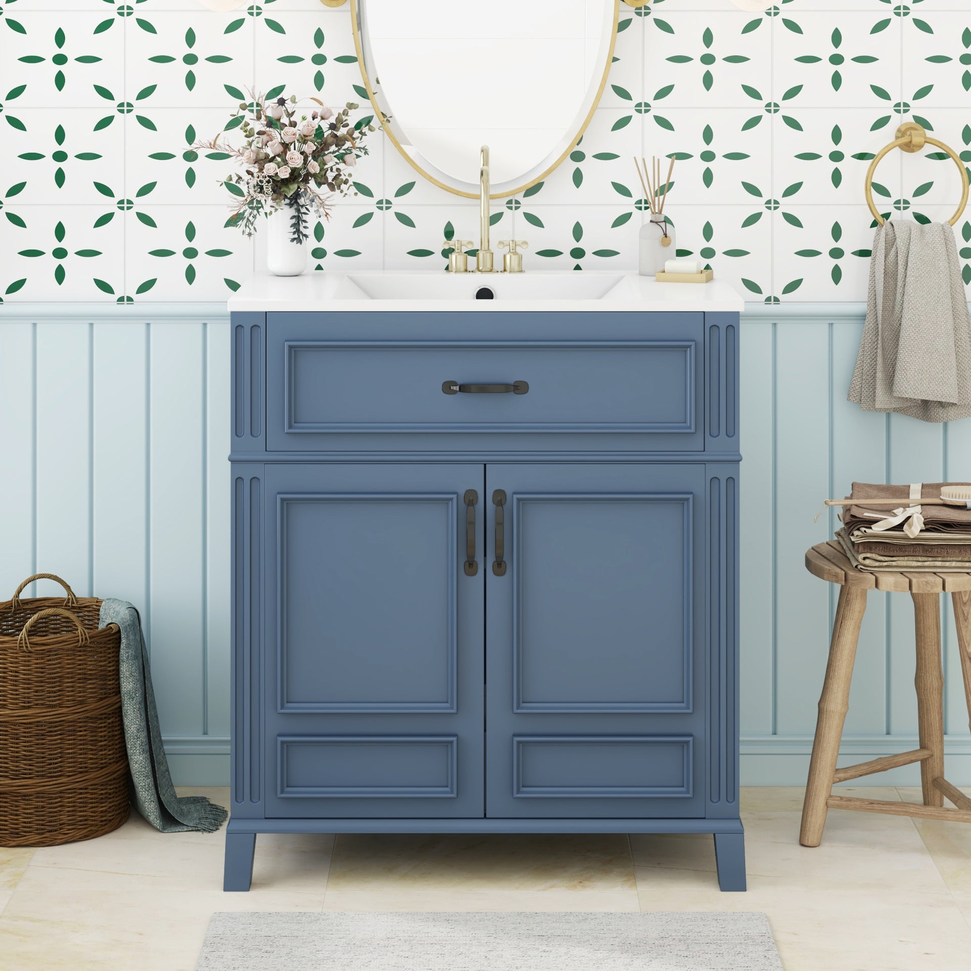 30'' Bathroom Vanity with Ceramic Sink,Solid Wood Frame Bathroom Storage Cabinet with Soft Closing Doors, Retro Style, Blue