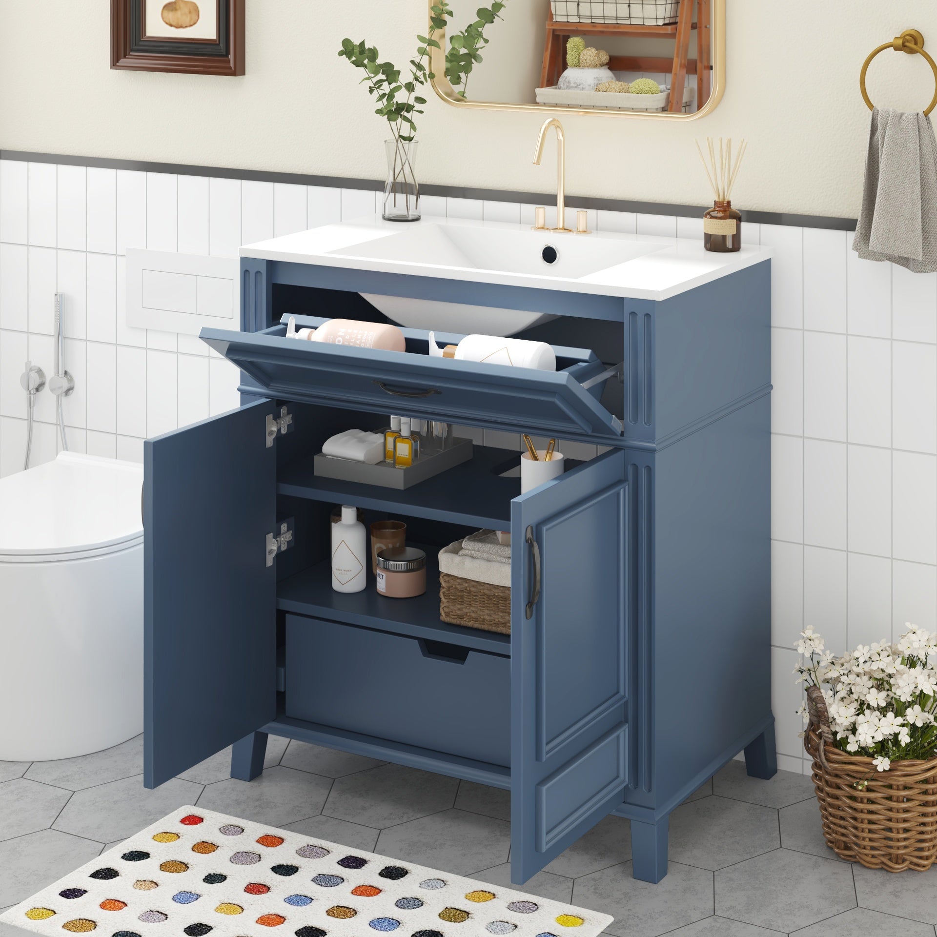 30'' Bathroom Vanity with Ceramic Sink,Solid Wood Frame Bathroom Storage Cabinet with Soft Closing Doors, Retro Style, Blue