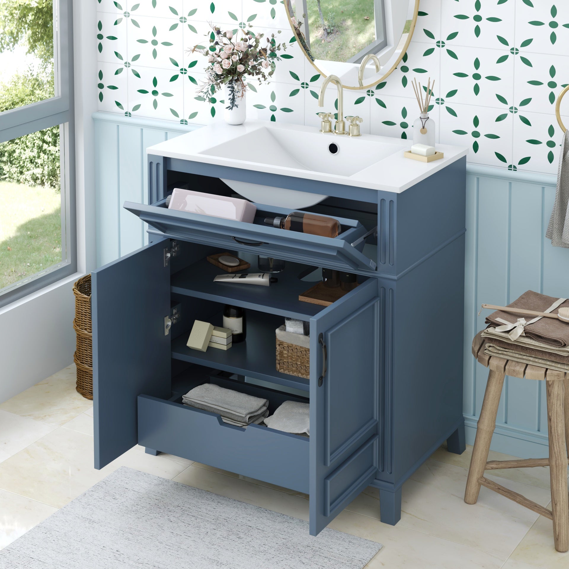 30'' Bathroom Vanity with Ceramic Sink,Solid Wood Frame Bathroom Storage Cabinet with Soft Closing Doors, Retro Style, Blue