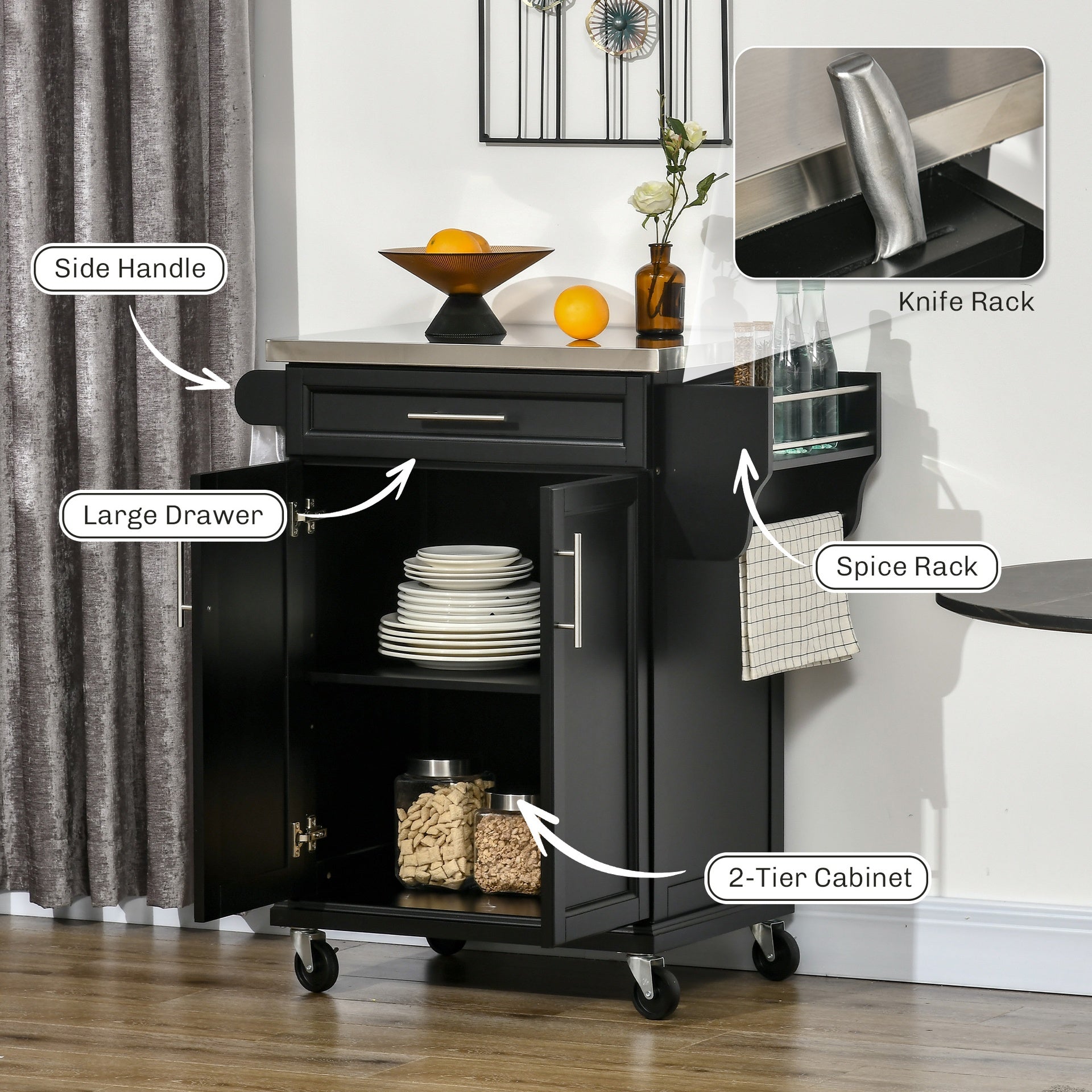 Rolling Kitchen Cart,Kitchen Island on Wheels,with Stainless Steel Countertop,Drawer,Towel Rack and Spice Rack,Utility Storage Trolley