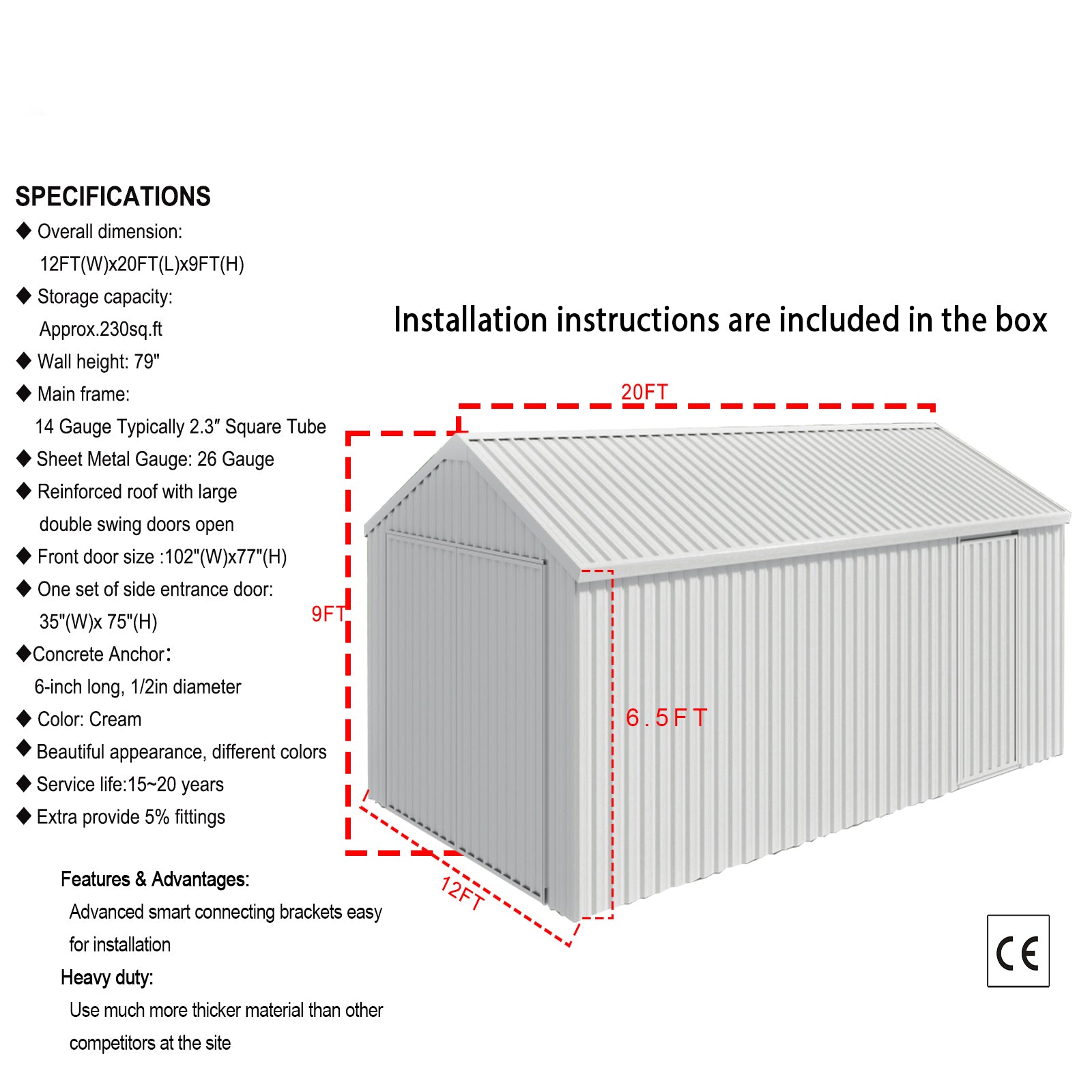 12FT x 20FT Single Garage Metal Shed – Double Door Outdoor Storage Unit Metal Garage Storage Shed