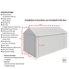 12FT x 20FT Single Garage Metal Shed – Double Door Outdoor Storage Unit Metal Garage Storage Shed
