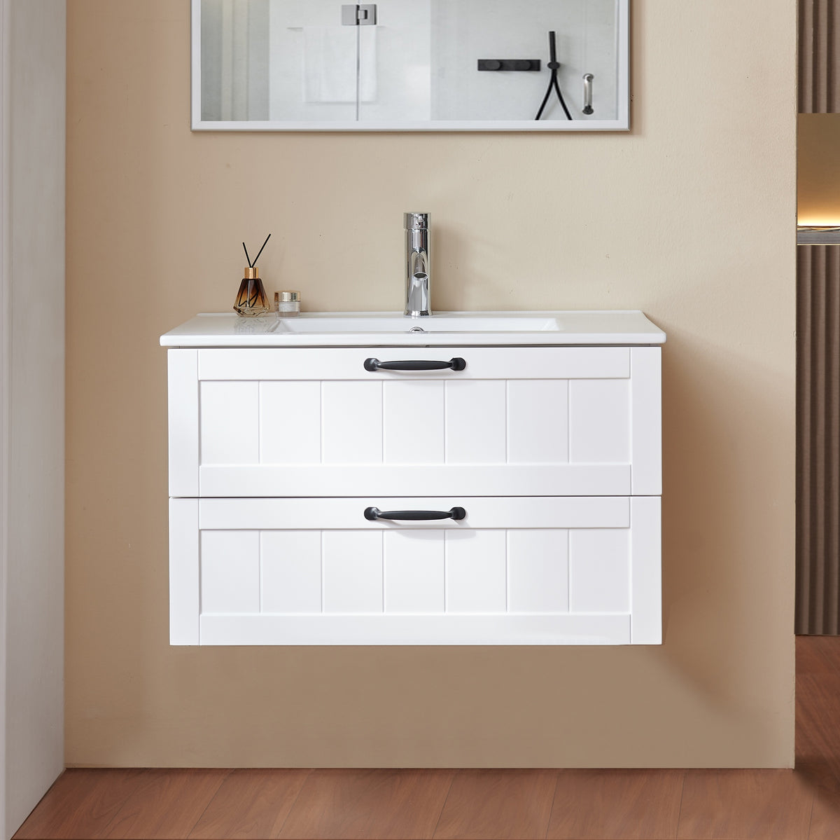 31.5" Bathroom Vanities Cabinet with Sink Combo, Wall Mounted Floating Cabinet With Decor Line, Soft-Close System, 2 Extra Big Drawers,Solide Wood, for Bathroom White