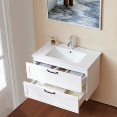 31.5" Bathroom Vanities Cabinet with Sink Combo, Wall Mounted Floating Cabinet With Decor Line, Soft-Close System, 2 Extra Big Drawers,Solide Wood, for Bathroom White