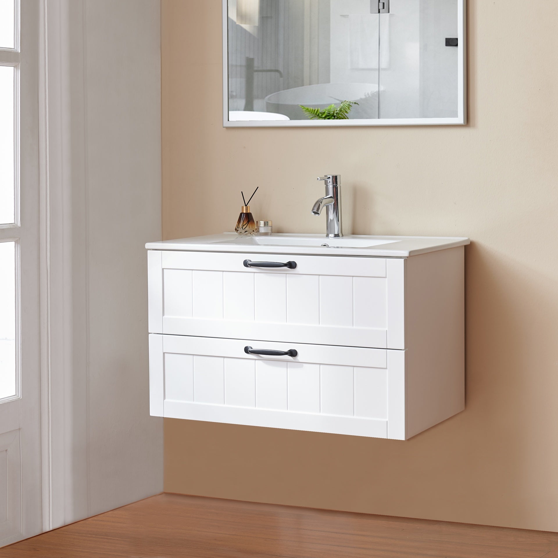 31.5" Bathroom Vanities Cabinet with Sink Combo, Wall Mounted Floating Cabinet With Decor Line, Soft-Close System, 2 Extra Big Drawers,Solide Wood, for Bathroom White